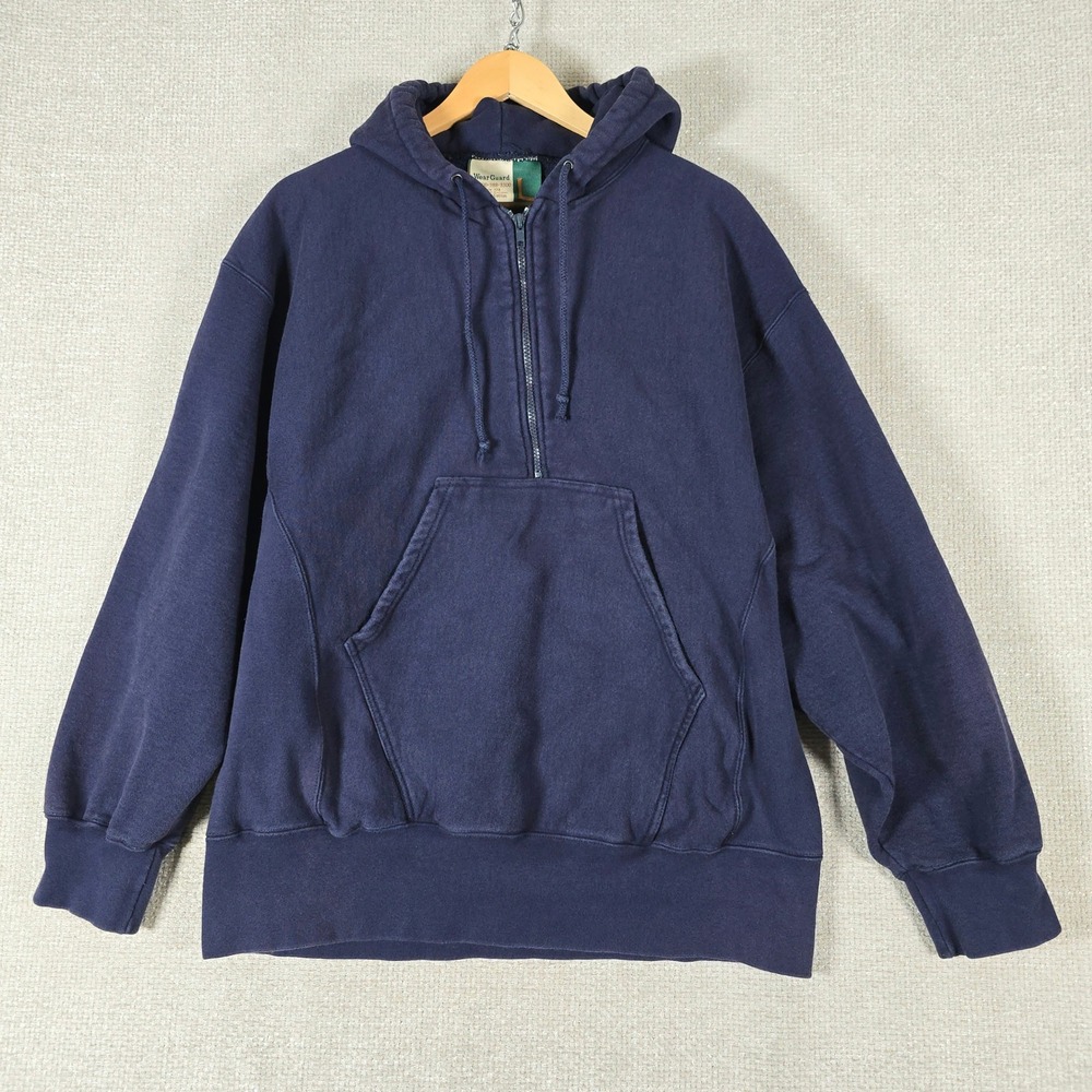 VTG WearGuard Hoodie 1/4 Zip Sweatshirt L Blue Made in Canada Blank Workwear